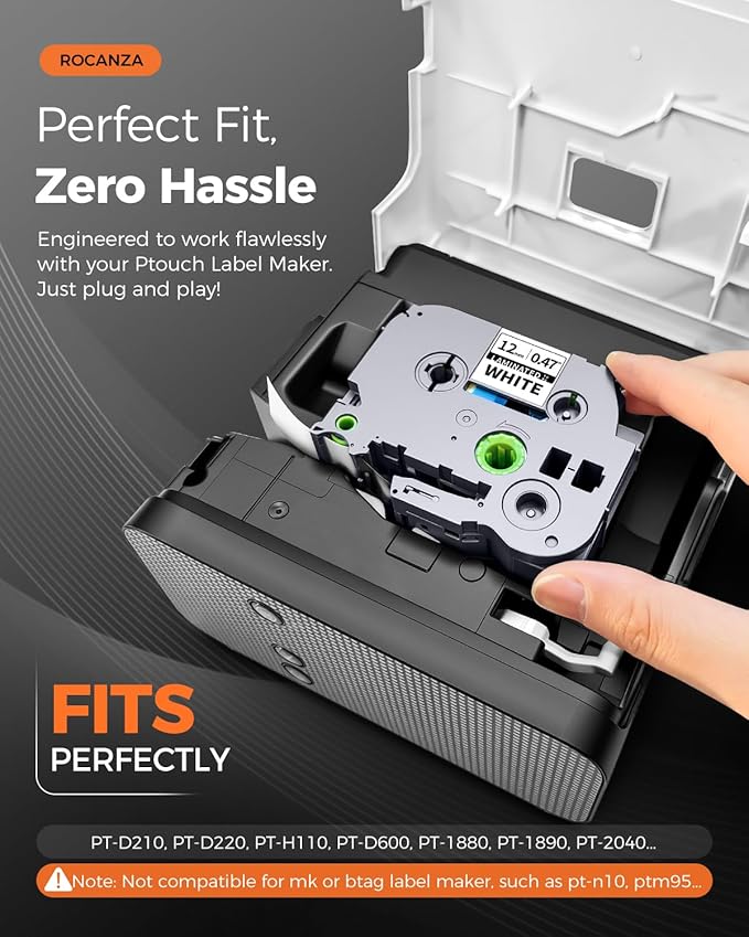 TZe-231 TZe231 Compatible for Brother P Touch Label Maker Tape 12mm 0.47 Laminated White Tz Tape Work with PT-D220 D210 D202 H110 D200 D400 1280 D610BT 1880 1830 Refills, Ptouch TZe 1/2", 6-Pack