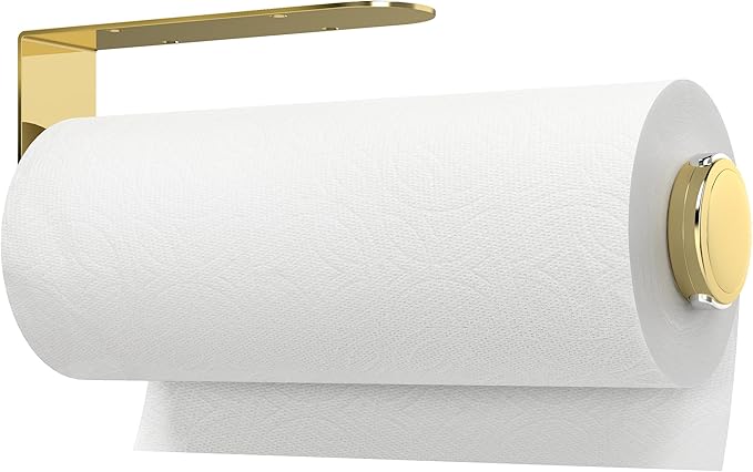 theaoo Paper Towel Holder Under Cabinet, One-Handed Tear Wall Mount Paper Towel Holder Dispenser with Damping Function for Kitchen Organization, Stainless Steel, Self-Adhesive or Drill mounting, Gold