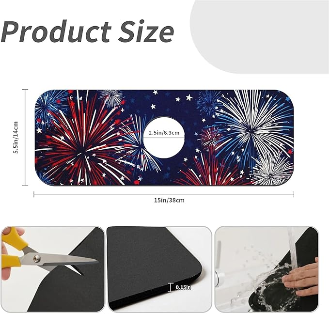 Kitchen Sink Splash Guard，Fireworks Faucet Mat Sink Gadgets-Super Absorbent Fast Drying Mat Drip Catcher for Kitchen, Bathroom,Sink Mat, Dish Drying Mat, Bathroom(15" X 5.5" )