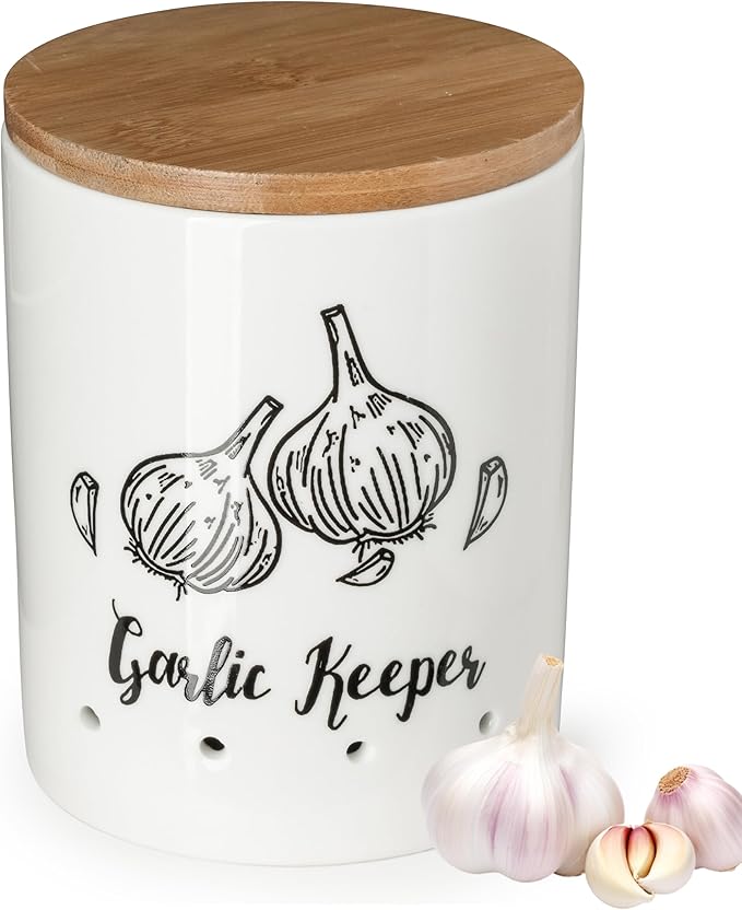 LYEOBOH Garlic Keeper, Garlic Storage, Garlic Holder, Large Ceramic Garlic Keeper with Wooden Lid, Garlic Jar, Garlic Storage Container, White