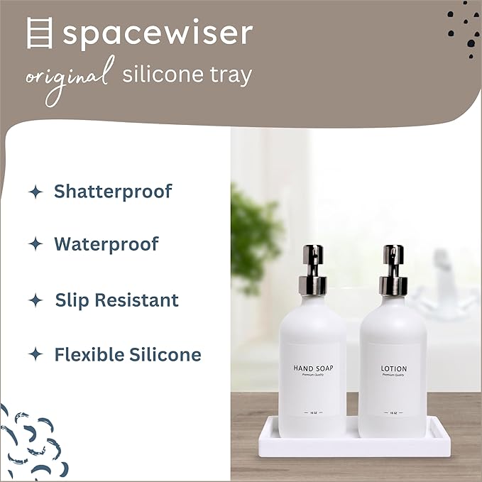 Spacewiser Countertop and Vanity Tray - Small 7.7” Silicone Tray for Soap Dispenser, Bathroom Trays, Dish Soap Trays for Kitchen Counter, Sink Caddy Sinks Organizer, Soaps Dish & Sponge Holder, White
