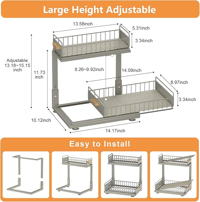 HOMEAILIE Under Sink Organizer, High Adjustable 2 Tier Under Kitchen Sink Organizer, Multi-Purpose Storage Shelf for Kitchen Bathroom Cabinet, Gray