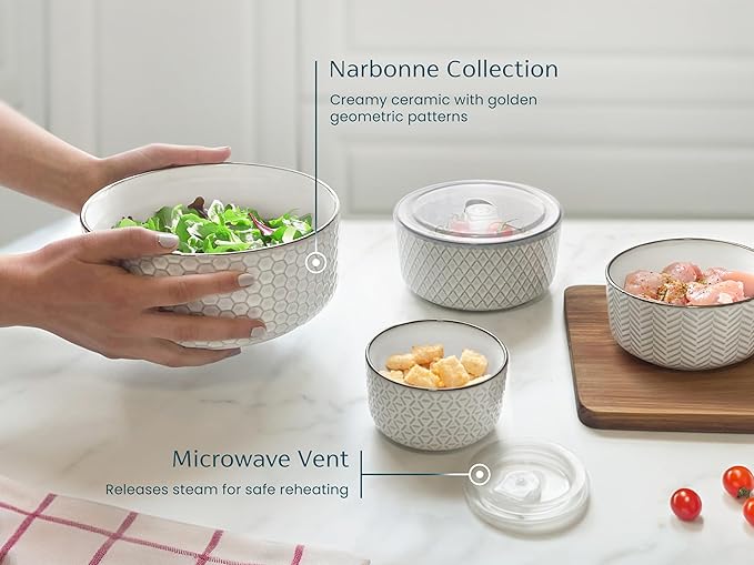 KooK Serving Bowls, with Lids, Ceramic Mixing Bowls, Nesting, Set of 4, Embossed, Kitchen, Prep, Stackable, Mix, Gift, Microwave and Dishwasher Safe, 10/16/29/47 oz, Narbonne Collection (Ivory)