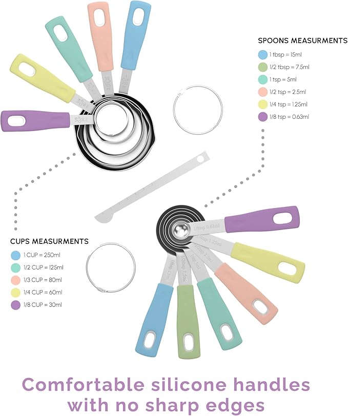 CuttleLab Measuring Cups and Measuring Spoons Set of 14 - Stainless Steel Measuring Cups and Spoons Set, Includes 1/8 Teaspoon Measuring Spoon, 1/8 Cup Measuring Cup, Leveler Dry (14,Cotton Candy)