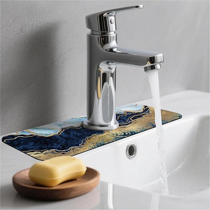 Kitchen Sink Splash Guard，Blue white black and gold marble Faucet Mat Sink Gadgets-Super Absorbent Fast Drying Mat Drip Catcher for Kitchen, Bathroom,Sink Mat, Dish Drying Mat, Bathroom(15" X 5.5" )