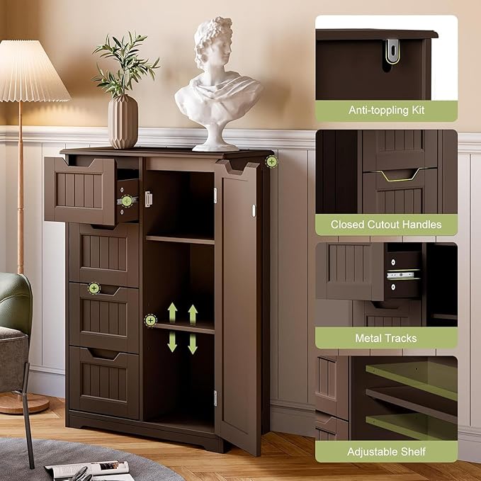 Gizoon Small Kitchen Pantry with Door and Shelves, 33'' Pantry Storage Cabinet Freestanding Wooden Bathroom Storage Cabinet with 4 Drawers for Kitchen and Dining Room, Dark Brown
