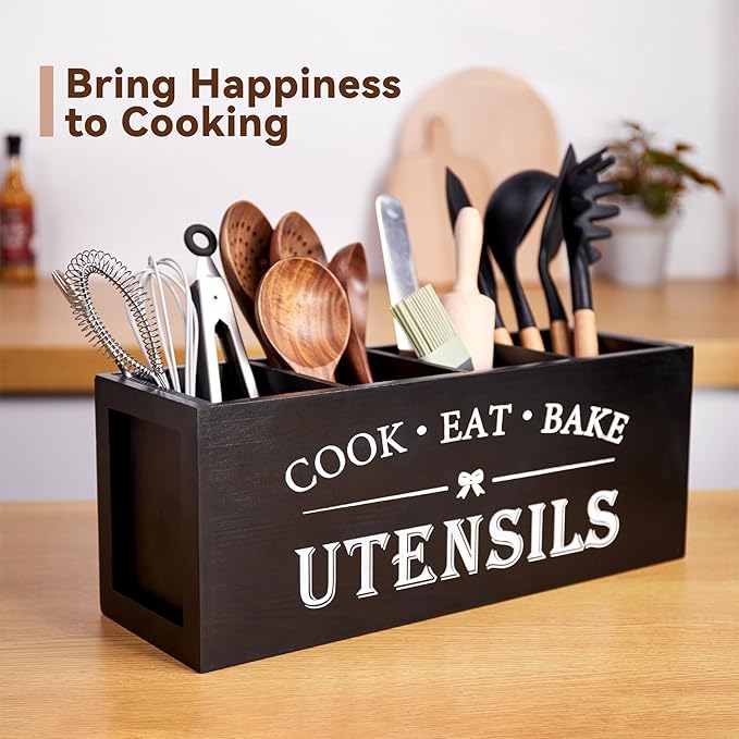 WDT Tool Utensil holder for Kitchen Counter Large Round Utensils Holder with Wooden Base Matte Black Cooking Utensil Holder，Kitchen countertop Utensil Organize (Black-4 Compartments)