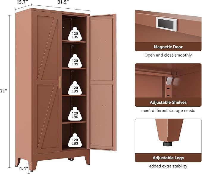 YAUWOH 71''Metal Cabinet with 4 Adjustable Shelves,5-Tier Pantry Storage Cabinet,Kitchen Pantry Cabinet for Living Room,Dining Room, Antique Copper