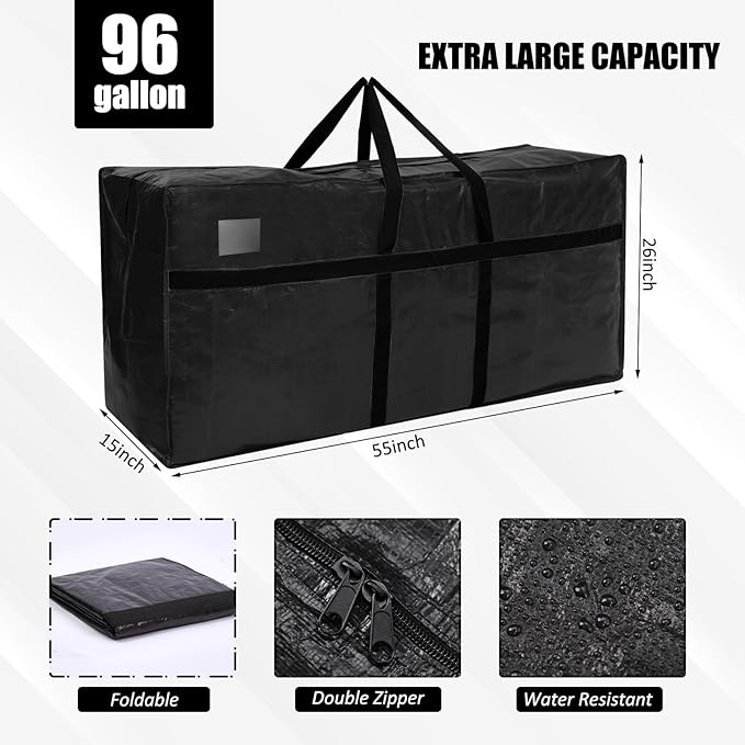 4 Pcs 96 Gallon Extra Large Moving Bags Heavy Duty Storage Bag with Strong Zipper Handle Foldable XXL Jumbo Storage Tote Packing Moving Box for College Dorm Travel Cloth Duffle (Black)