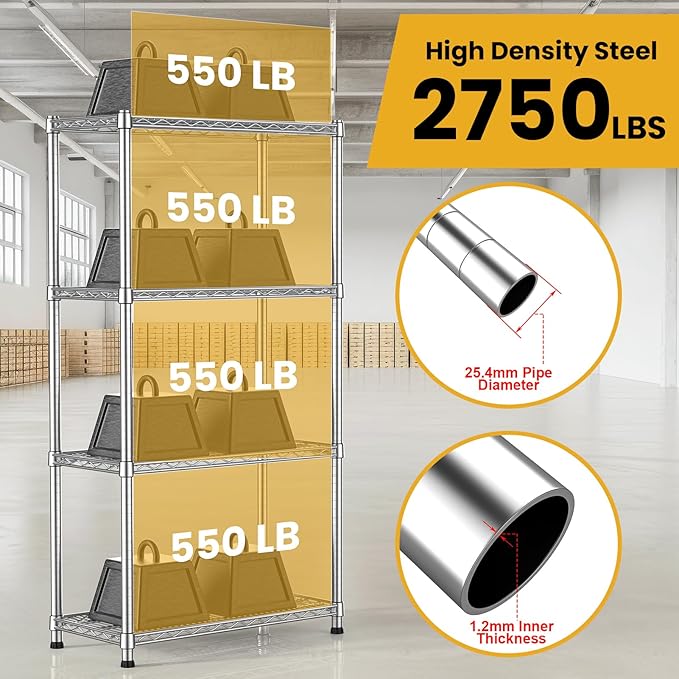 4- Shelf Metal Wire Shelving Unit Commercial Garage Storage Shelves Metal Shelf Adjustable Storage Rack Heavy Duty 2200 LBS rganizer for Pantry Laundry Bathroom Kitchen Closet Utility Room warehouse