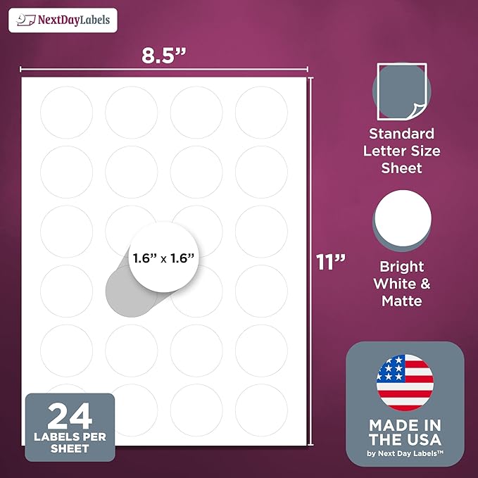 NextDayLabels – 1.66 Inch Round Labels - Round Sticker Labels for Printer - Matte White Blank Laser/Inkjet Printer Labels - Circle Stickers Printable Labels (100 Sheets, 24 Per Sheet, 2400 Labels)