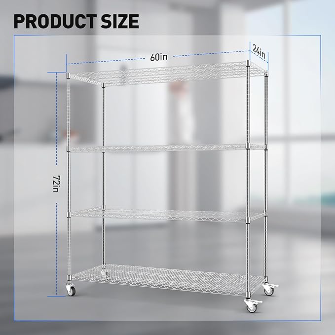 Rengue 60"x 24"x72"Wire Shelving with Wheels, 4-Tier Heavy Duty Garage Storage Shelves, Chrome 2400LBS Capacity Wire Shelf Rack, Silver