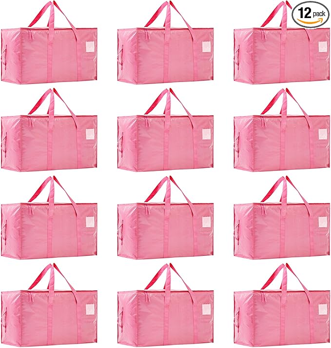 Moving Bags Heavy Duty Extra Large, Moving Boxes, Moving Supplies Essentials, Storage Bins with Lids, Plastic Packing Totes, Storage Bags for Clothes with Handles & Zippers(Pink, 12 Pack)