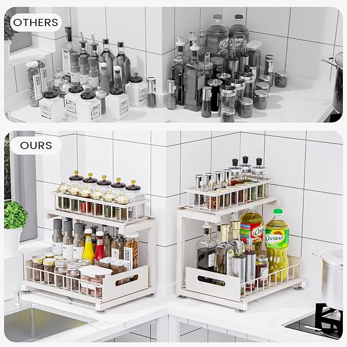 Toyear Under Sink Organizer, Heavy Duty Metal Pull Out Cabinet Organizer Slide Out Sink Shelf Organizer Height Adjustable, Multi-Purpose Storage Shelf for Kitchen Bathroom(Sand,1Pack)
