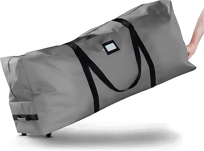 ZOBER 600D Oxford Fabric Large Rolling Christmas Tree Storage Bag - Fits 9 Ft Artificial Trees - Waterproof Christmas Tree Bag For Storage Box For Xmas, Durable Handles and Wheels - Card Slot - Gray