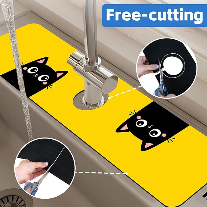 Cute Black Cat Head Kitchen Sink Splash Guard Mat Absorbent Fast Drying Mat Faucet Draining Mat Sink Splash Guard Behind Faucet Drip Catcher for Kitchen Bathroom 5.5"×24"