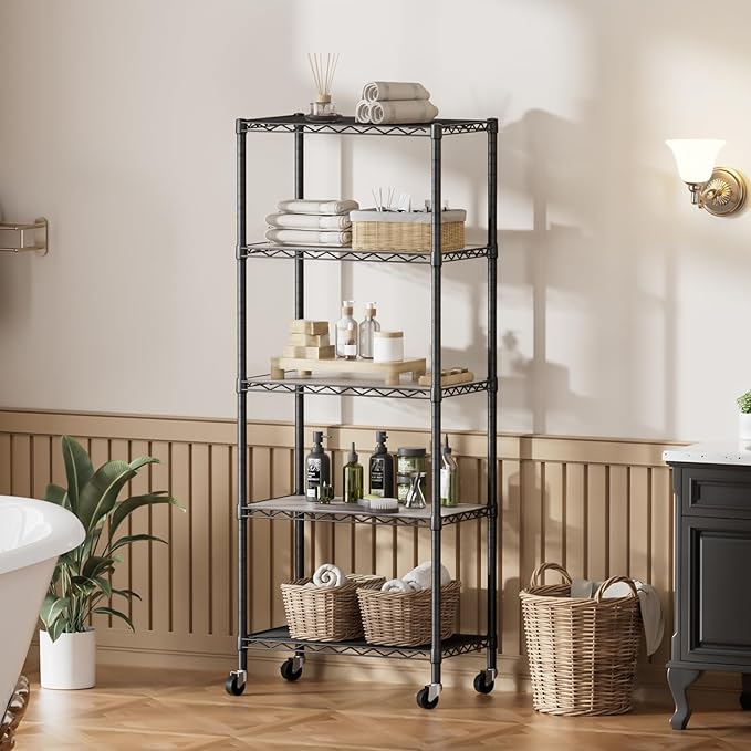 SINGAYE 5 Shelf Storage Wire Shelves Closet Bathroom Organizers Metal Pantry Kitchen Garage Shelving Unit Laundry Room Organization Home Narrow Rack Net Basket with Wheels White