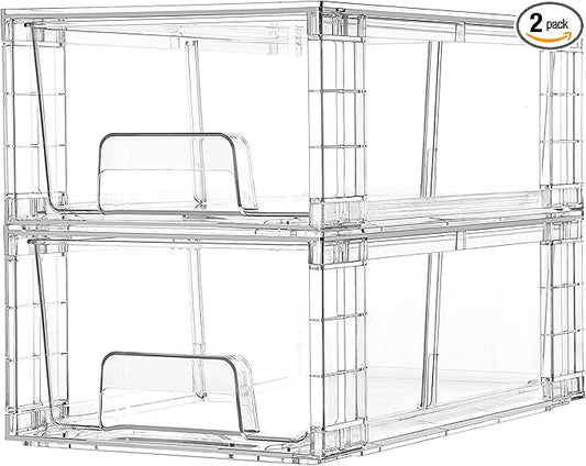 Vtopmart 2 Pack Stackable Storage Drawers,Clear Acrylic Drawer Organizers with Handles, Easily Assemble Containers for Fridge, Bathroom,Kitchen Undersink,Cabinet,Pantry Organization and Storage