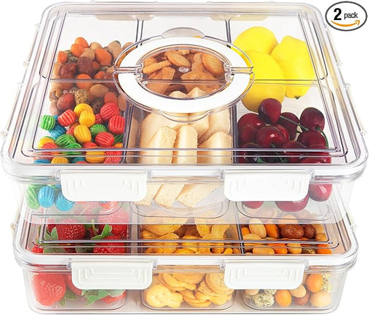 2PCS Divided Serving Tray with Lid & Handle, 6 Compartment Removable Snack Box, Kitchen Organizers and Storage, Snackle Box Container, BPA-Free Fruit Storage Container for Berry, Snack, Candy, Nuts…