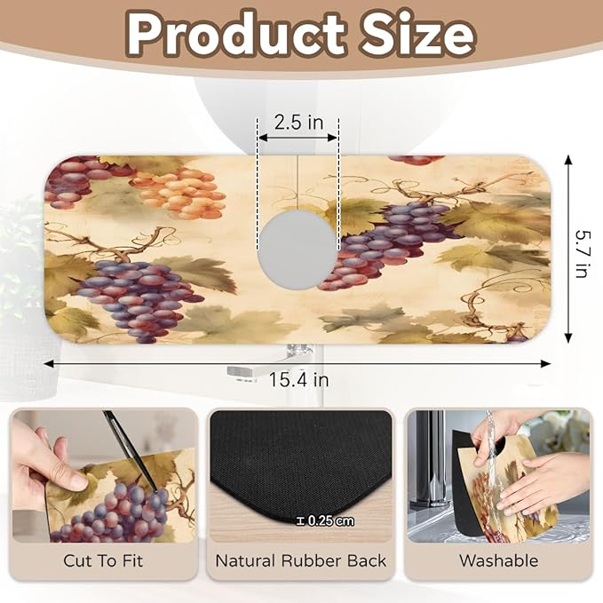 Vintage Grape Kitchen Faucet Mat Splash Guard, 15.4”x5.7” Absorbent Quick Drying Sink Mat for Countertop Protection, Draining Mat Sink Protectors For Kitchen Bathroom, 1 Pack