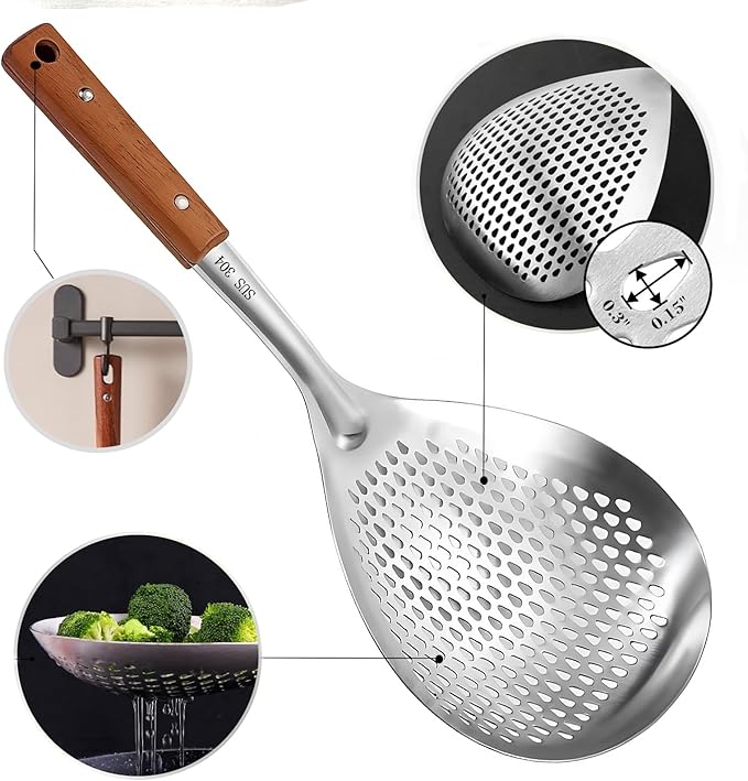 ANMIOU Spider Strainer Colander with Wood Handle, Solid Stainless Steel Kitchen Utensil for Cooking Frying Pasta Drainer