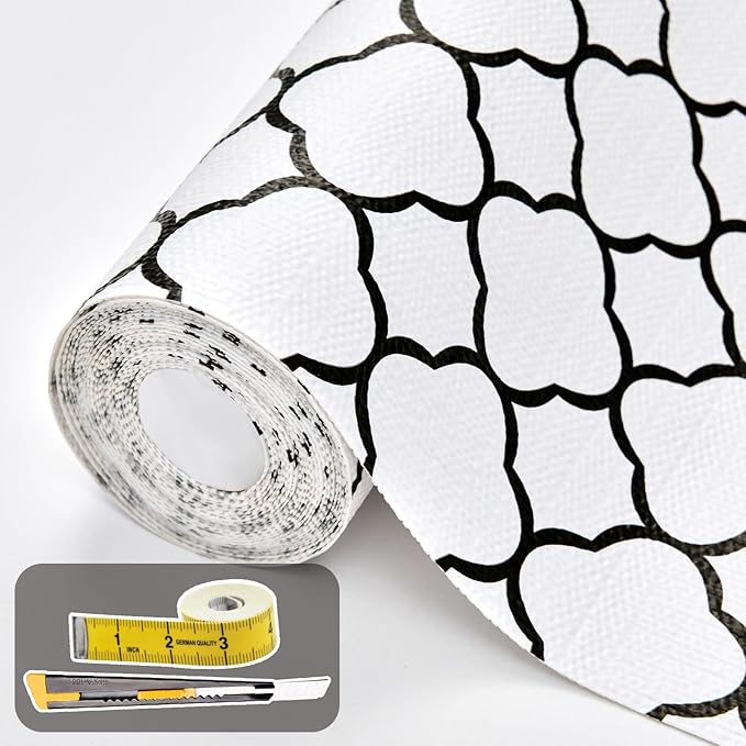 Shelf Drawer Liners for Kitchen Cabinets 17.3 x 236 Inches Non Adhesive Drawer Liner Thickened Refrigerator Liner Black Quatrefoil Strong Non-Slip Paper for Tool Box with Knife and Tape Measure