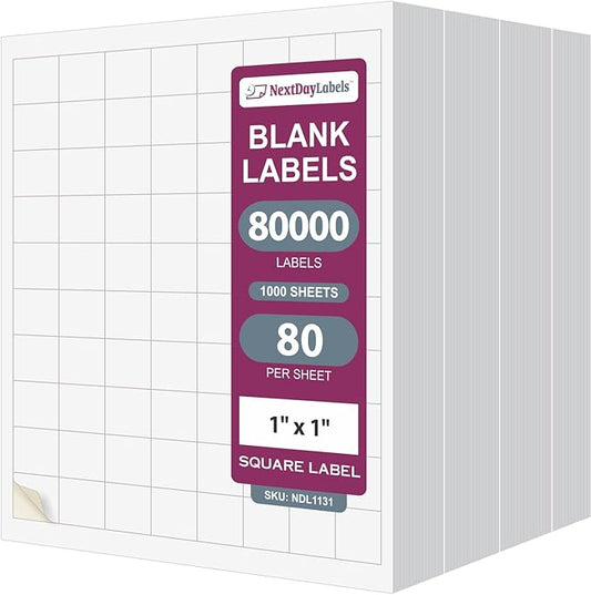 NextDayLabels 1x1 Inch Square Stickers White Blank Labels for Laser Inkjet Printer - 80 Per Sheet Self-Adhesive Color Coding Inventory Barcode Made in USA - 80,000 Labels