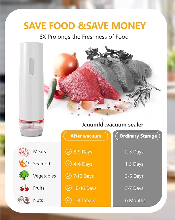 Vacuum Sealer for Food with 30 Reusable Vacuum Bags, 6X Freshness Lock, Cordless Compact Handheld Vacuum Sealer Machine for Kitchen