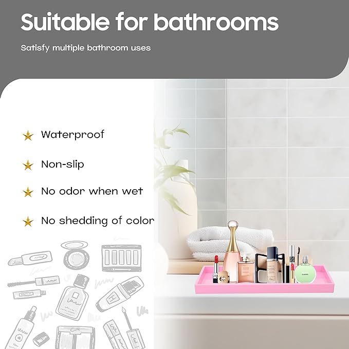 Mriluvy Vanity and Bathroom Tray, 15" ABS Countertop Organizer,Waterproof Vanity Tray for Toilet Tank,Perfume,Soap,Keys,Bathroom Accessories,Kitchen and Bath Trays,Non Slip Small Trays,Pink