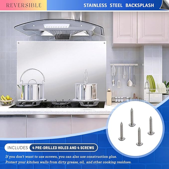 Stainless Steel Backsplash for Stove 24"x30" Stove Backsplash Protector for Wall Metal Range Splash for Kitchen Wall with Screw Included（0.0276" Thick)