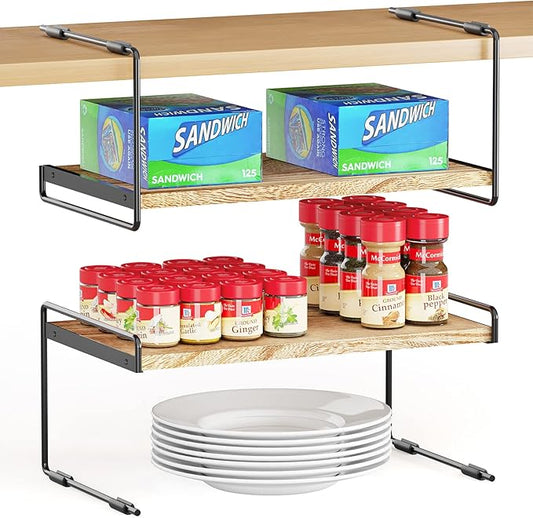 SpaceAid Cabinet Shelf Organizers 2 Pack, Kitchen Counter Organizer Rack Under Shelves Riser, Pantry Cupboard Storage Organization, Metal and Wood, Black and Natural, 16" Wide