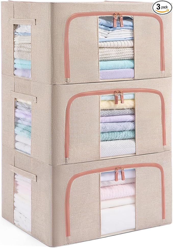 GuliPostan 3 Pack 24L Stackable Clothes Storage Bins with Metal Frame Handles & Zipper, Collapsible Closet Organizer Box with Lid for Bedding Blankets Towel (Beige)
