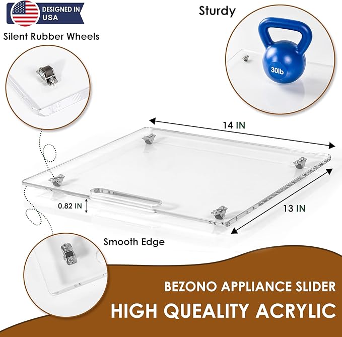 BEZONO Appliance Sliders for Kitchen appliances Sliding Tray for Coffee Maker, Espresso Machines, Mixers Sturdy Kitchen Aid Sliders for Mixer - Duty Equipment with Rubber Wheels - 13" x 14" (Clear)