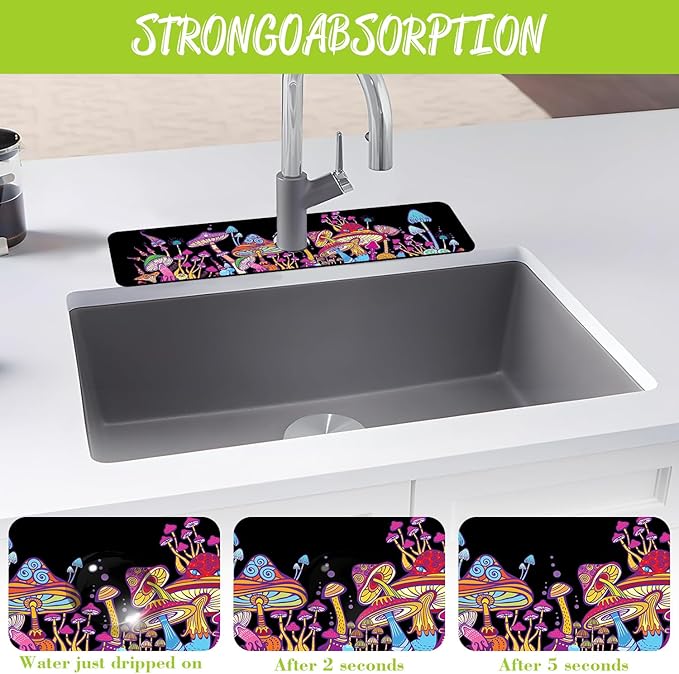 Sink Faucet Absorbing Mat Magic Mushrooms Sink Splash Guard Drying Mat for Kitchen Bathroom Faucet Sinkmat 23.5"X5.5"