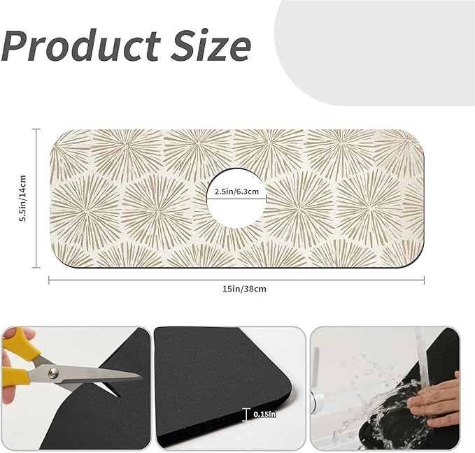 Kitchen Sink Splash Guard，Sunburst shapes Faucet Mat Sink Gadgets-Super Absorbent Fast Drying Mat Drip Catcher for Kitchen, Bathroom,Sink Mat, Dish Drying Mat, Bathroom(15" X 5.5" )