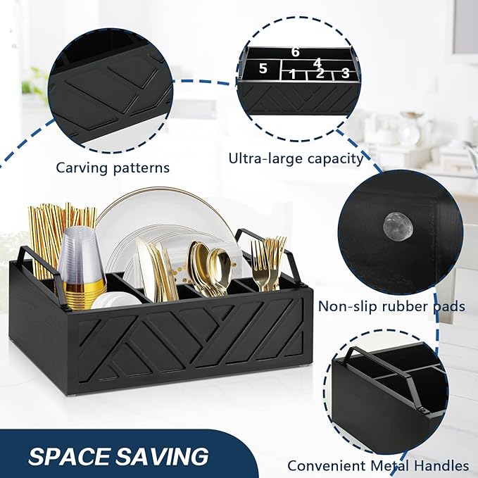 Ukonvi Paper Plate Dispenser and Holder for Kitchen Counter, Wood Rustic Silverware Utensil Caddy, Cutlery Flatware Organizer Box for Cups Spoons Forks Napkins, Kitchen Accessories (Black)