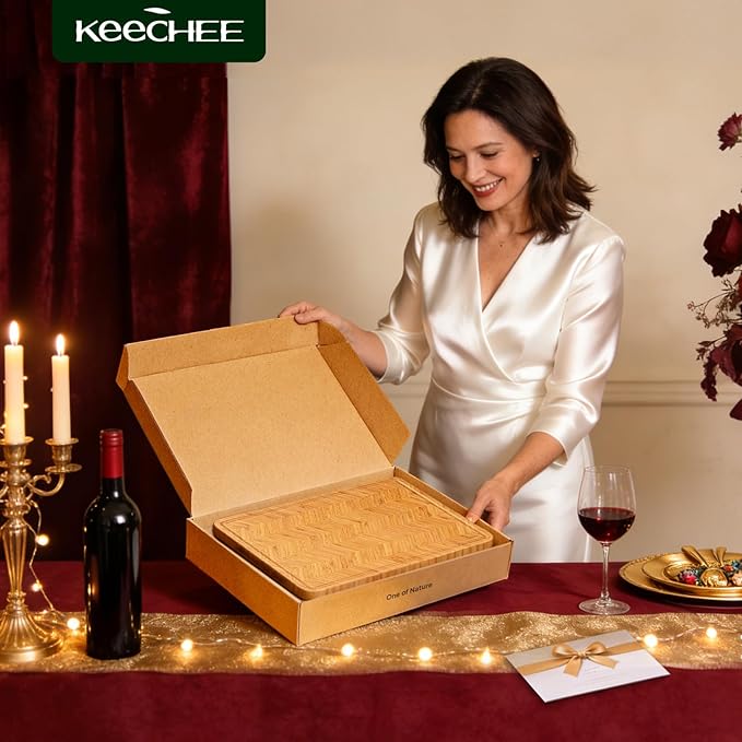 Keechee Atelier Collection Bamboo Cutting Board Set of 3, Reversible Wood Chopping Boards for Kitchen with Juice Grooves, Handcrafted Large Serving Tray, Luxury Housewarming Wedding Gifts for New Home