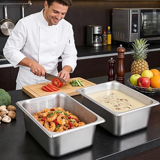 Dyna-Living 3 Pack Full Size 6 Inch, 8 Inch Hotel Pan Perforated Steam Table Pans with Lid Stainless Steel Chafing Dish Pans Commercial Food Pan for Catering Buffet Hotel Home Restaurant Supplies