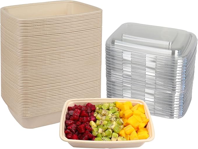 JAYEEY 32 oz Rectangle Disposable bowls with lids,Sugarcane Fibers Bowls take away food containers Plant Fibers Freezer Safe 50 Pack