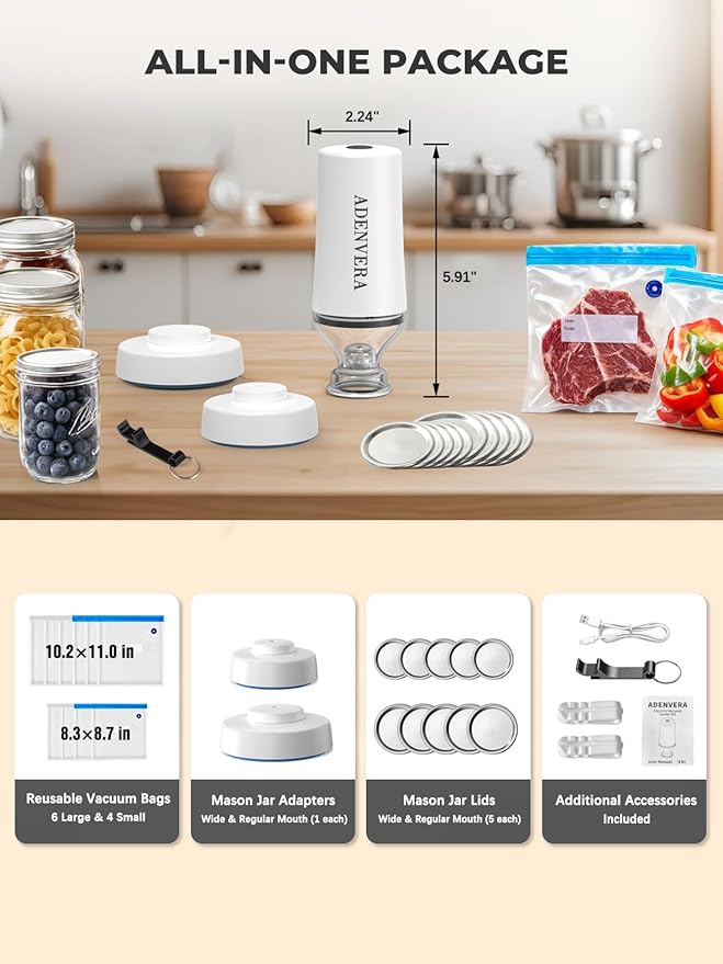 Compact Vacuum Sealer for Food — Mason Jar Vacuum Sealer Kit & Handheld Electric Sealer with 10 Reusable Bags & 10 Mason Jar Lids, Portable Rechargeable, Smart Auto-Stop, White