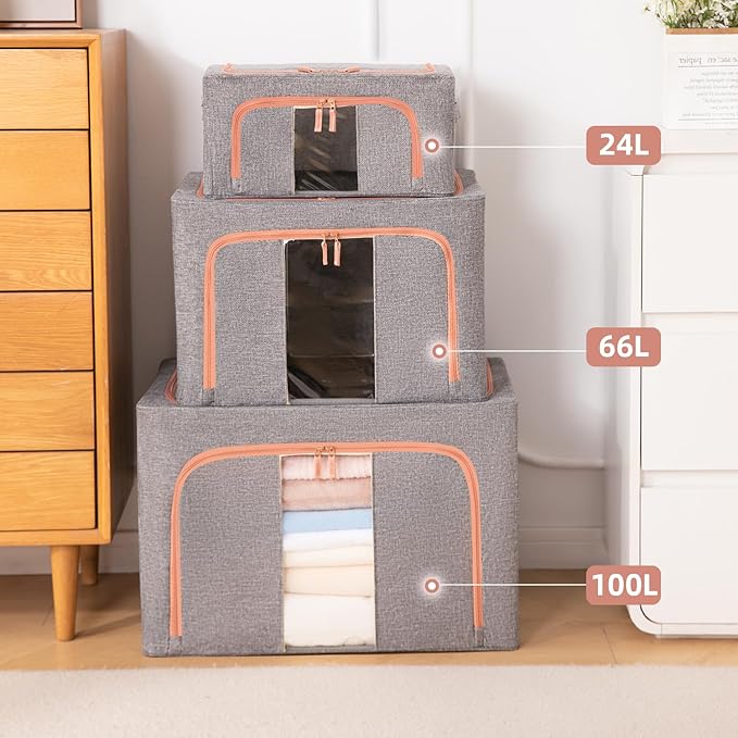 GuliPostan 3 Pack 24L Stackable Clothes Storage Bins with Metal Frame Handles & Zipper, Collapsible Closet Organizer Box with Lid for Bedding Blankets Towel (Grey)