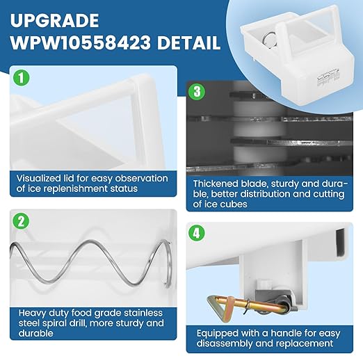 Upgraded WPW10558423 for Whirlpool Ice Maker Replacement, Compatible with Whirlpool Kenmore Maytag Amana IKEA Refrigerator, Refrigerator Ice Bucket Replacement with Whirlpool Replacement Ice Maker