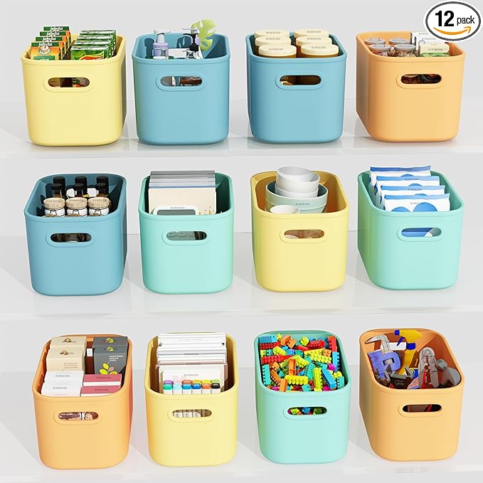 12 Pack Colorful Storage Bins for Shelves, Plastic Storage Containers for Organizing, Stackable Storage Boxes with Handle, Colored Storage Bins for Classroom, Craft, Snacks, Cabinet, 9.7x6.7x5.7 inch