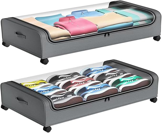 Under Bed Storage with Wheels,2 Pack Rolling Under bed Organizer Drawer with Clear Lids and Handles,UnderBed Storage Containers,Under Bed Organizer Bins for Clothes (Arc-shaped,Gray)