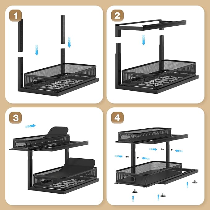 Biboraya 2-Pack 18.5 IN Depth Under Sink Organizer With Next-Gen Ball-Bearing Slides,Sophisticated Mesh 2-Tier Pull Out Shelf for Kitchen & Bathroom,Fits Small Items-Black