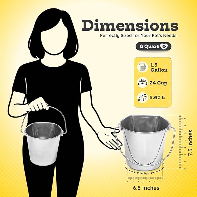 6 Quart Stainless Steel Flat Side Bucket | Durable Heavy Duty Food & Water Feeding Pails for Dog Cat Goat Sheep | Fits kennels Cages Critter Crates Hanging Pet Pail | Multipurpose Buckets