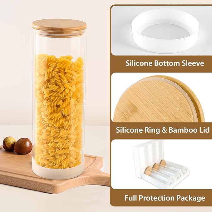 73oz Glass Spaghetti Containers for Pantry Organization, 3-Pack Large Airtight Food Jars with Bamboo Lids and Non-Slip Silicone Bases, Clear Storage Canisters for Pasta, Flour, Cereal, Rice