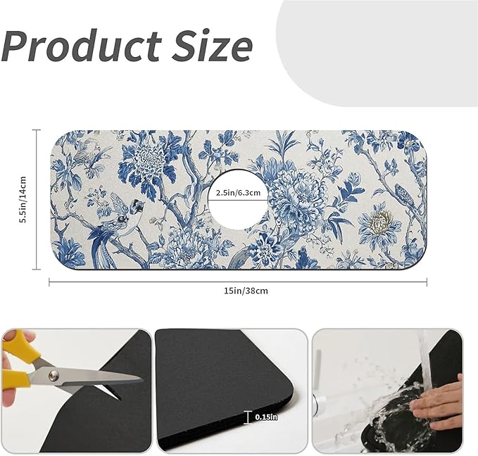 Kitchen Sink Splash Guard，Blue flowers and birds Faucet Mat Sink Gadgets-Super Absorbent Fast Drying Mat Drip Catcher for Kitchen, Bathroom,Sink Mat, Dish Drying Mat, Bathroom(15" X 5.5" )
