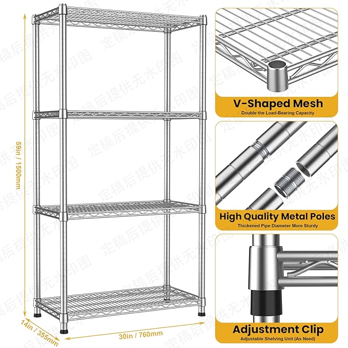 4- Shelf Metal Wire Shelving Unit Commercial Garage Storage Shelves Metal Shelf Adjustable Storage Rack Heavy Duty 2200 LBS rganizer for Pantry Laundry Bathroom Kitchen Closet Utility Room warehouse
