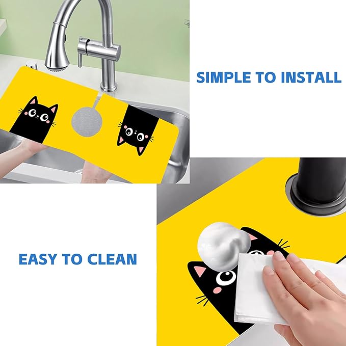 Cute Black Cat Head Kitchen Sink Splash Guard Mat Absorbent Fast Drying Mat Faucet Draining Mat Sink Splash Guard Behind Faucet Drip Catcher for Kitchen Bathroom 5.5"×15"